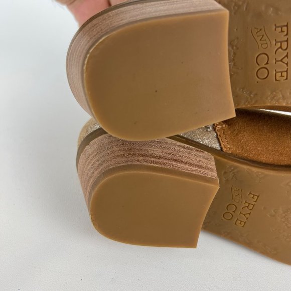 Frye Caden Womens Suede Notched Ankle Bootie Cognac Tan Metallic Heel size 6 - Picture 15 of 16